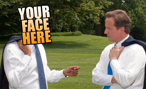 'Your Face Here' replaces Barack Obama, in a picture of him conversing with David Cameron.