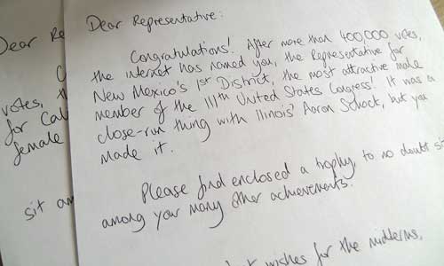 A handwritten letter. It starts 'Dear Representative: congratulations!'