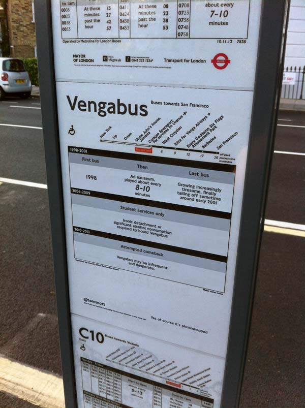 A photo of a Transport for London timetable on a bus stop, edited to be for the Vengabus.